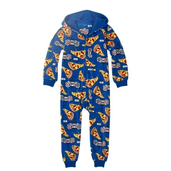 The Children’s place M 7/8 one piece pajama pizza video game hoodie fleece sleep - Picture 1 of 6